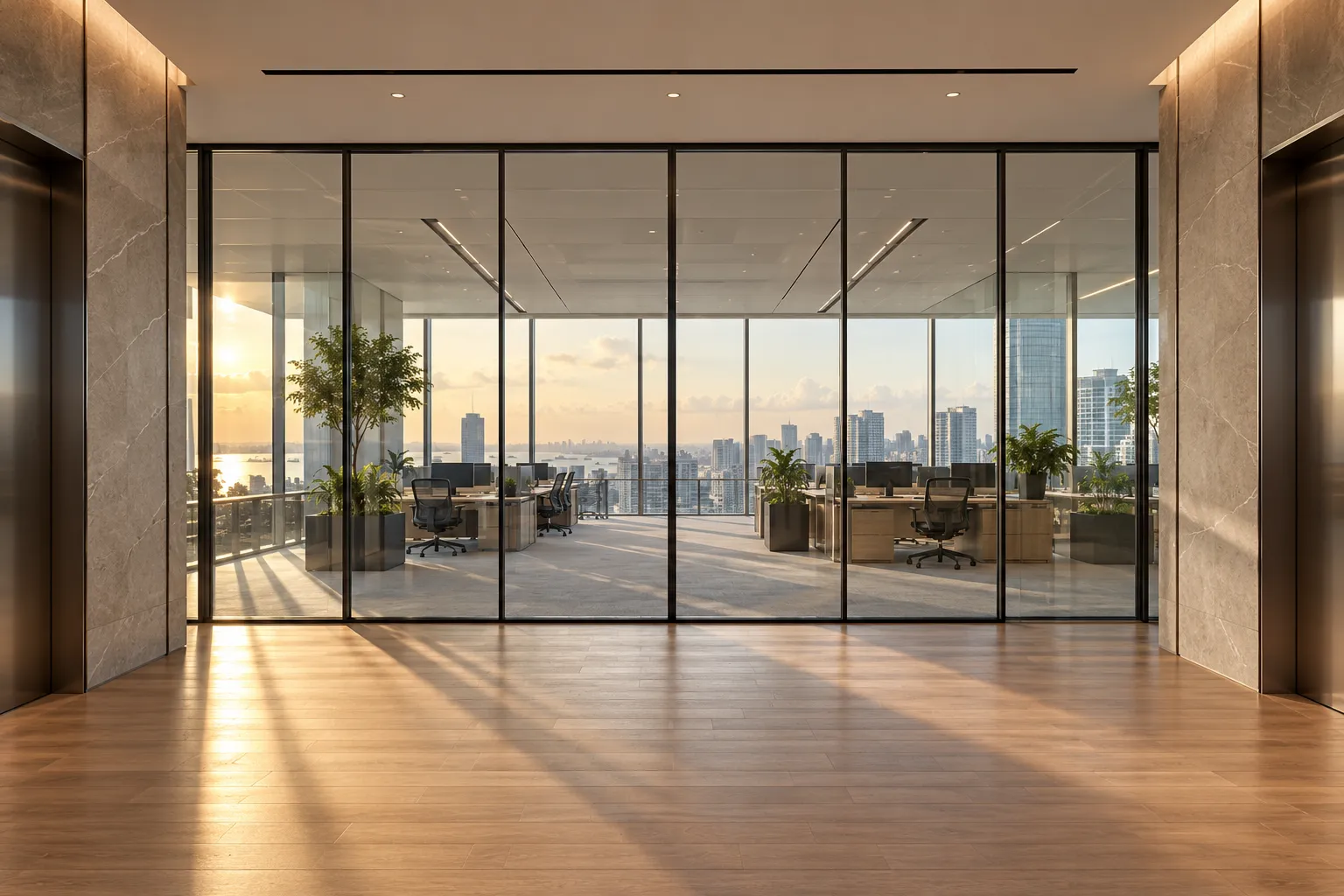 Office lift lobby divided by a full-height glazed fire screen