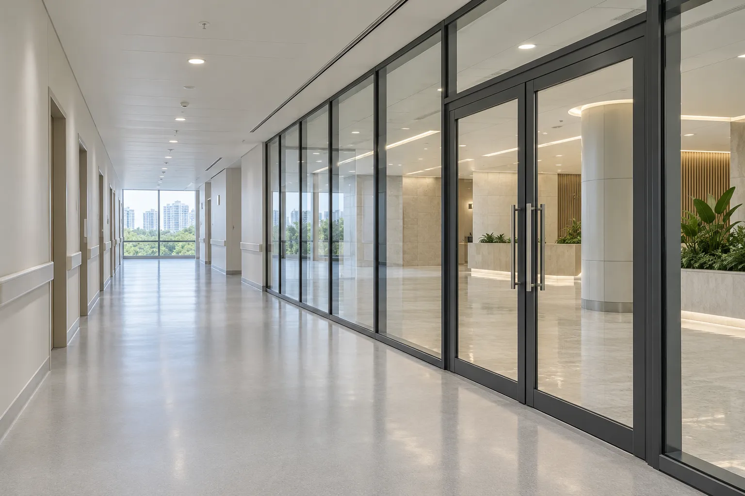 Hospital corridor with full-height glazed fire partition and doors